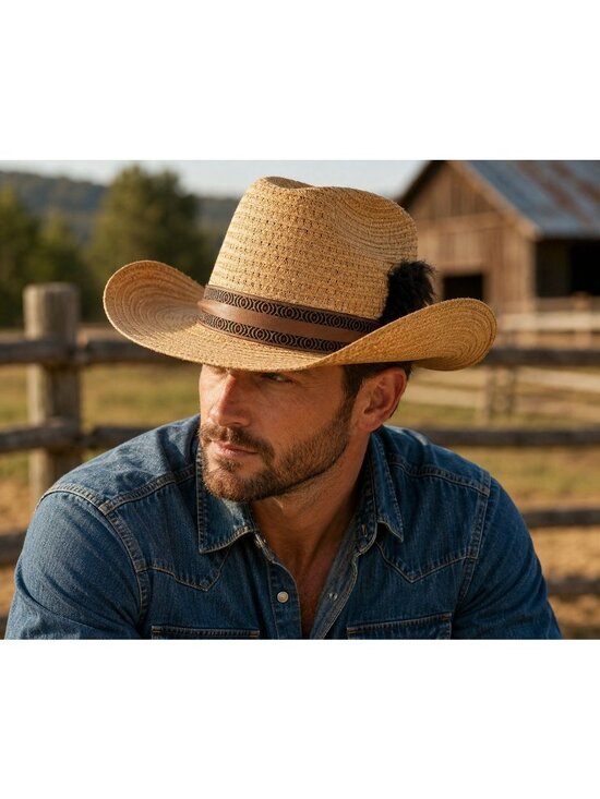 Dorfman Pacific Other - Dorfman Pacific Studs! Straw Cowboy Hat Western Feather Accent Tan Size 7 1/8